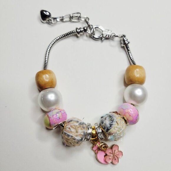 NWT Pandora Style Charm Bracelet Korean Yarn Pink Enameled Charms Wood Beads S/M - Picture 3 of 5